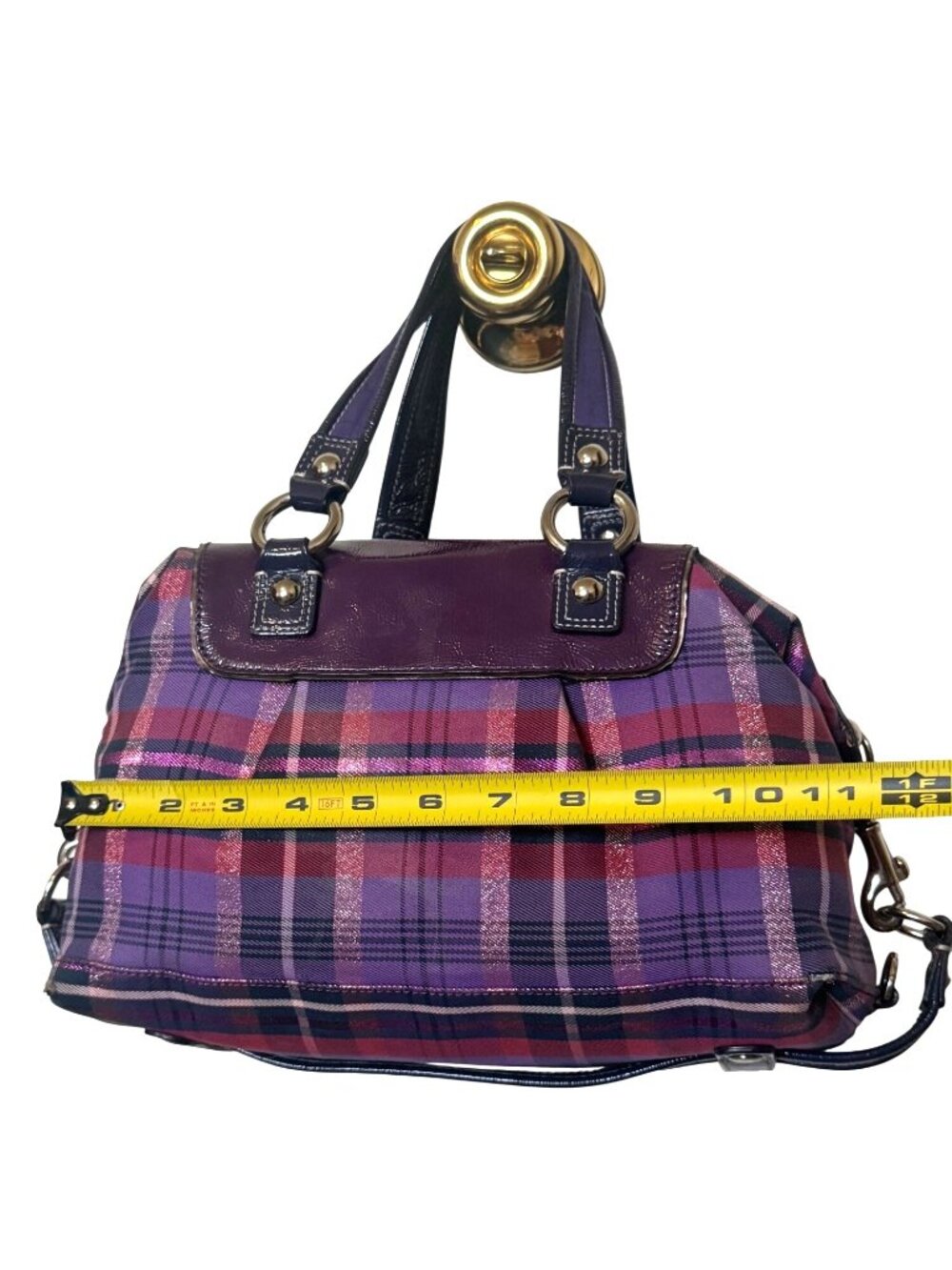 Coach Poppy Purple Tartan Plaid Limited Ed Bag W Purple Patent Leather No 15884 - Picture 6 of 11